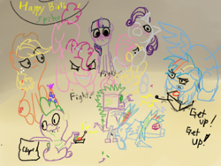 Size: 800x600 | Tagged: safe, artist:steadfast hoof, derpibooru import, rainbow dash, spike, dragon, pegasus, pony, robot, birthday party, daily doodle spikedash prompt, games, male, oops, party, rainbowspike, shipping, straight