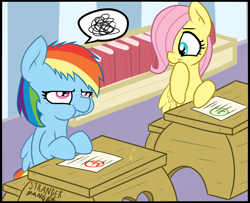 Size: 1280x1038 | Tagged: safe, artist:strangerdanger, fluttershy, rainbow dash, pegasus, pony, a+, book, classroom, desk, duo, f, filly fluttershy, filly rainbow dash, grumpy, puffy cheeks, school, test