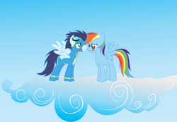 Size: 900x622 | Tagged: safe, artist:wor1dxfs, rainbow dash, soarin', pegasus, pony, blushing, cloud, eye contact, female, male, shipping, soarindash, spread wings, straight, wonderbolts uniform