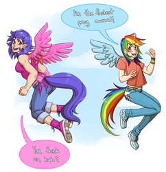 Size: 1050x1083 | Tagged: safe, artist:zombiefruits, firefly, rainbow dash, human, g1, clothes, converse, dialogue, flying, humanized, jeans, tailed humanization, winged humanization, winged shoes