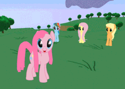 Size: 600x430 | Tagged: safe, derpibooru import, applejack, fluttershy, pinkie pie, rainbow dash, earth pony, pegasus, pony, 3d, 8^y, animated, blinking, cloud, cute, cuteamena, demo, fan game, game, gif, looking at you, open mouth, pinkamena diane pie, smiling, tree