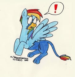 Size: 1024x1050 | Tagged: safe, artist:skywalkergirl666, derpibooru import, part of a set, rainbow dash, griffon, pegasus, pony, exclamation point, griffonized, rainbow griffon, simple background, solo, species swap, story included, traditional art, transformation