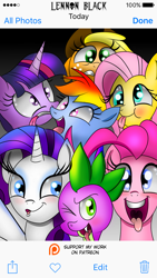 Size: 640x1136 | Tagged: safe, artist:lennonblack, derpibooru import, applejack, fluttershy, pinkie pie, rainbow dash, rarity, spike, twilight sparkle, twilight sparkle (alicorn), alicorn, dragon, earth pony, pegasus, pony, unicorn, mane seven, mane six, patreon, patreon logo, phone screen, selfie, silly, silly face, silly pony, tongue out