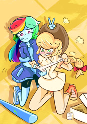 Size: 1120x1600 | Tagged: safe, artist:ben237, derpibooru import, applejack, rainbow dash, equestria girls, applejack's hat, bandage, baseball bat, bike shorts, blushing, bunny ears (gesture), clothes, cowboy hat, first aid kit, gauze, hat, jacket, miniskirt, nurse, nurse outfit, skirt, stetson