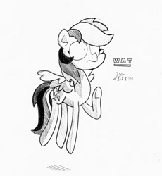 Size: 876x954 | Tagged: safe, artist:trace-101, rainbow dash, pegasus, pony, floating, frown, monochrome, solo, spread wings, traditional art, underhoof, wat, wide eyes