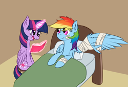 Size: 1544x1050 | Tagged: safe, artist:zogzor, derpibooru import, rainbow dash, twilight sparkle, twilight sparkle (alicorn), alicorn, pegasus, pony, bandage, bed, book, ear fluff, healing, injured, newbie artist training grounds, pillow, smiling