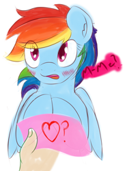 Size: 1000x1345 | Tagged: safe, artist:graphene, rainbow dash, oc, oc:anon, human, blushing