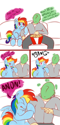 Size: 1500x3093 | Tagged: safe, artist:graphene, rainbow dash, oc, oc:anon, human, comic, dialogue, scared, sofa, television