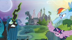 Size: 855x482 | Tagged: safe, derpibooru import, queen chrysalis, rainbow dash, twilight sparkle, twilight sparkle (alicorn), alicorn, changeling, changeling queen, pegasus, pony, angry, castle of the royal pony sisters, flying, game, guardians of harmony, minigame, official