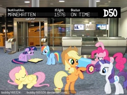 Size: 960x720 | Tagged: safe, artist:bobby165324, derpibooru import, applejack, fluttershy, pinkie pie, rainbow dash, rarity, twilight sparkle, earth pony, pegasus, pony, unicorn, airport, party cannon, ponies in real life