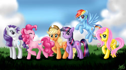 Size: 1280x711 | Tagged: safe, artist:mana-kyusai, derpibooru import, applejack, fluttershy, pinkie pie, rainbow dash, rarity, twilight sparkle, earth pony, pegasus, pony, unicorn, mane six, watermark