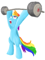 Size: 1600x2112 | Tagged: safe, artist:runbowdash, derpibooru import, rainbow dash, pegasus, pony, bipedal, solo, weight lifting