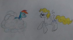 Size: 900x497 | Tagged: safe, artist:ravagexeno, derpibooru import, rainbow dash, surprise, pegasus, pony, cloud, traditional art