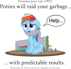 Size: 3283x3189 | Tagged: dead source, safe, artist:jittery-the-dragon, rainbow dash, pegasus, pony, cute, dashabetes, female, floppy ears, frown, looking up, mare, open mouth, pointless pony tips, rainbow trash, rubbish, sad, simple background, sitting, solo, stuck, transparent background, trash, trash can, trash can lid