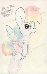 Size: 683x1061 | Tagged: safe, artist:slightlyshade, derpibooru import, rainbow dash, pegasus, pony, awesome, clothes, dress, socks, solo, traditional art