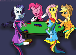 Size: 900x662 | Tagged: safe, artist:names-tailz, derpibooru import, applejack, fluttershy, pinkie pie, rainbow dash, rarity, twilight sparkle, earth pony, pegasus, pony, unicorn, poker