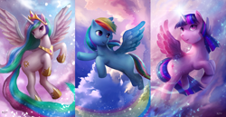 Size: 1024x528 | Tagged: safe, artist:nopeys, derpibooru import, princess celestia, rainbow dash, twilight sparkle, twilight sparkle (alicorn), alicorn, pegasus, pony, cloud, flying, missing cutie mark, uncanny valley