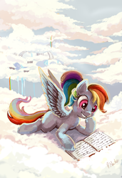 Size: 1350x1979 | Tagged: safe, artist:r0b0tassassin, rainbow dash, pegasus, pony, alternate hairstyle, book, cloud, cloudsdale, cloudy, ponytail, rainbow dork, reading, smiling, solo