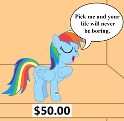 Size: 1177x1148 | Tagged: safe, artist:vincentthecrow, part of a set, rainbow dash, pegasus, pony, barcode, bronybait, ponies for sale, price tag, shut up and take my money, solo, speech bubble