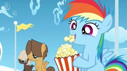 Size: 1137x640 | Tagged: safe, derpibooru import, screencap, dumbbell, hoops, rainbow dash, pegasus, pony, the cutie re-mark, colt, filly, filly rainbow dash, food, popcorn