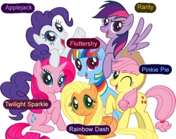 Size: 564x447 | Tagged: safe, derpibooru import, applejack, fluttershy, pinkie pie, rainbow dash, rarity, twilight sparkle, earth pony, pony, blatant lies, mane six, mane six opening poses, one eye closed, open mouth, prone, raised hoof, recolor, simple background, sitting, smiling, smirk, spread wings, wat, white background, wink, xk-class end-of-the-world scenario