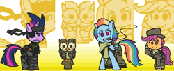 Size: 1106x457 | Tagged: safe, artist:threetwotwo32232, derpibooru import, owlowiscious, rainbow dash, scootaloo, twilight sparkle, pegasus, pony, big boss, eyepatch, metal gear, peace walker