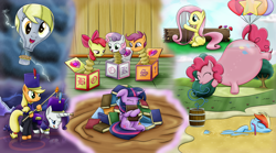 Size: 4200x2343 | Tagged: safe, artist:lifesharbinger, derpibooru import, apple bloom, applejack, derpy hooves, fluttershy, pinkie pie, rainbow dash, rarity, scootaloo, sweetie belle, twilight sparkle, twilight sparkle (alicorn), alicorn, earth pony, pegasus, pony, unicorn, balloon, balloon pony, book, cannon, cutie mark, cutie mark crusaders, female, filly, harp, heffalumps and woozles, hot air balloon, inanimate tf, inflation, jack-in-the-box, mane six, musical instrument, the cmc's cutie marks, transformation, wat, winnie the pooh