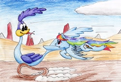 Size: 3347x2279 | Tagged: safe, artist:40kponyguy, derpibooru exclusive, derpibooru import, rainbow dash, pegasus, pony, crossover, flying, gotta go fast, looney tunes, road runner, traditional art