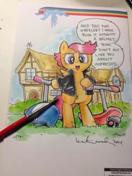 Size: 852x1136 | Tagged: safe, artist:katiecandraw, rainbow dash, scootaloo, pegasus, pony, clothes, jacket, scooter, solo, traditional art