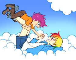 Size: 951x745 | Tagged: safe, artist:megarexetera, rainbow dash, scootaloo, human, cloud, cloudy, humanized, on back, playing, scootalove