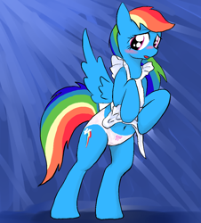 Size: 976x1082 | Tagged: safe, artist:seidouryu, rainbow dash, pegasus, pony, abstract background, apron, belly button, bipedal, blushing, clothes, female, mare, panties, pixiv, ribbon, shirt, shirt lift, solo, underwear