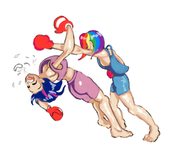 Size: 449x393 | Tagged: safe, artist:nottex, derpibooru import, rainbow dash, twilight sparkle, human, boxing, boxing gloves, breasts, cropped, delicious flat chest, humanized, knock out, rainbow flat