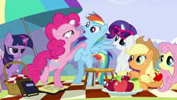 Size: 1920x1080 | Tagged: safe, derpibooru import, screencap, applejack, fluttershy, pinkie pie, rainbow dash, rarity, twilight sparkle, earth pony, pegasus, pony, unicorn, wonderbolts academy, lidded eyes, out of context