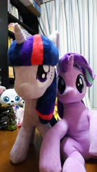 Size: 675x1200 | Tagged: safe, artist:nekokevin, starlight glimmer, twilight sparkle, twilight sparkle (alicorn), alicorn, pony, unicorn, series:nekokevin's glimmy, duo, female, irl, looking at you, mare, photo, plushie, sitting, smiling