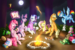 Size: 900x600 | Tagged: safe, artist:tzelly-el, derpibooru import, angel bunny, applejack, fluttershy, gummy, opalescence, owlowiscious, peewee, pinkie pie, rainbow dash, rarity, spike, tank, twilight sparkle, twilight sparkle (alicorn), winona, alicorn, dragon, earth pony, pegasus, pony, unicorn, bathrobe, book, campfire, camping, clothes, female, gem, hair curlers, mane seven, mane six, mare, marshmallow, moon, robe, s'mores, toasted marshmallow, toasting