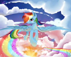 Size: 2000x1600 | Tagged: safe, artist:moeru789, rainbow dash, pegasus, pony, cloud, cloudy, flying, rainbow trail, solo