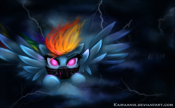 Size: 1200x746 | Tagged: safe, artist:kairaanix, rainbow dash, pegasus, pony, flying, lightning, mask, solo, spread wings