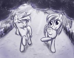 Size: 588x464 | Tagged: safe, artist:fajeh, derpibooru import, applejack, rainbow dash, earth pony, pegasus, pony, duo, flower, flower in hair, monochrome