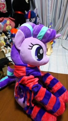 Size: 675x1200 | Tagged: safe, artist:nekokevin, starlight glimmer, twilight sparkle, twilight sparkle (alicorn), alicorn, pony, unicorn, series:nekokevin's glimmy, clothes, female, irl, mare, photo, plushie, scarf, sitting, size difference, smiling, socks, striped socks