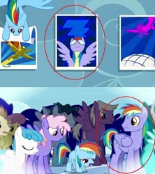 Size: 720x810 | Tagged: safe, derpibooru import, screencap, crescent pony, lightning bolt, mane moon, parasol, rainbow blaze, rainbow dash, rainbowshine, white lightning, pegasus, pony, image macro, meme