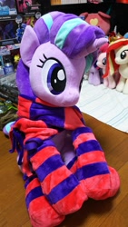 Size: 675x1200 | Tagged: safe, artist:nekokevin, pinkie pie, starlight glimmer, oc, oc:poniko, earth pony, pony, unicorn, series:nekokevin's glimmy, clothes, female, irl, mare, photo, plushie, scarf, sitting, size difference, smiling, socks, striped socks