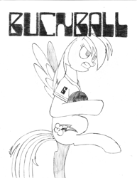 Size: 5100x6600 | Tagged: safe, artist:algernon97, derpibooru import, rainbow dash, pegasus, pony, buckball season, absurd resolution, bottomless, buckball, clothes, monochrome, movie poster, partial nudity, rollerball, solo, traditional art