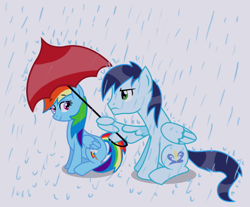 Size: 620x514 | Tagged: safe, artist:sisirr, derpibooru import, rainbow dash, soarin', pegasus, pony, backwards cutie mark, male, rain, shipping, sitting, soarindash, straight, umbrella