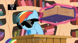 Size: 500x277 | Tagged: safe, screencap, rainbow dash, pegasus, pony, testing testing 1-2-3, doom, meme, solo, sunglasses, youtube caption