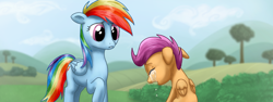 Size: 960x360 | Tagged: safe, artist:rautakoura, rainbow dash, scootaloo, pegasus, pony, crying, my little investigations, scootasad