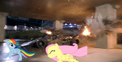 Size: 2000x1023 | Tagged: safe, fluttershy, rainbow dash, fast, irl, photo, ponies in real life