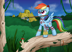 Size: 1150x827 | Tagged: safe, artist:obcor, rainbow dash, pegasus, pony, barbarian, bodypaint, bracelet, jungle, mayan, mouth hold, paint on fur, pyramid, spear, spread wings, straw, tribal