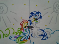 Size: 1024x768 | Tagged: safe, artist:swirlyquill, rainbow dash, soarin', pegasus, pony, female, male, shipping, soarindash, straight, traditional art