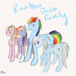 Size: 4000x4000 | Tagged: safe, artist:sydfreak2, rainbow dash, oc, oc:hot shot, oc:rainbow twist, oc:sora, pegasus, pony, offspring, offspring's offspring, older, parent:oc:hot shot, parent:oc:prep, parent:rainbow dash, parent:soarin', parents:oc x oc, parents:soarindash, simple background, white background