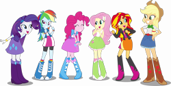 Size: 18931x9629 | Tagged: safe, artist:twls7551, derpibooru import, applejack, fluttershy, pinkie pie, rainbow dash, rarity, sunset shimmer, equestria girls, rainbow rocks, absurd resolution, apple, boots, clothes, compression shorts, cowboy boots, cowboy hat, cute, denim skirt, eyes closed, fist, freckles, happy, hat, high heel boots, humane five, jacket, leather jacket, open mouth, simple background, skirt, smiling, socks, stetson, transparent background, vector, wristband